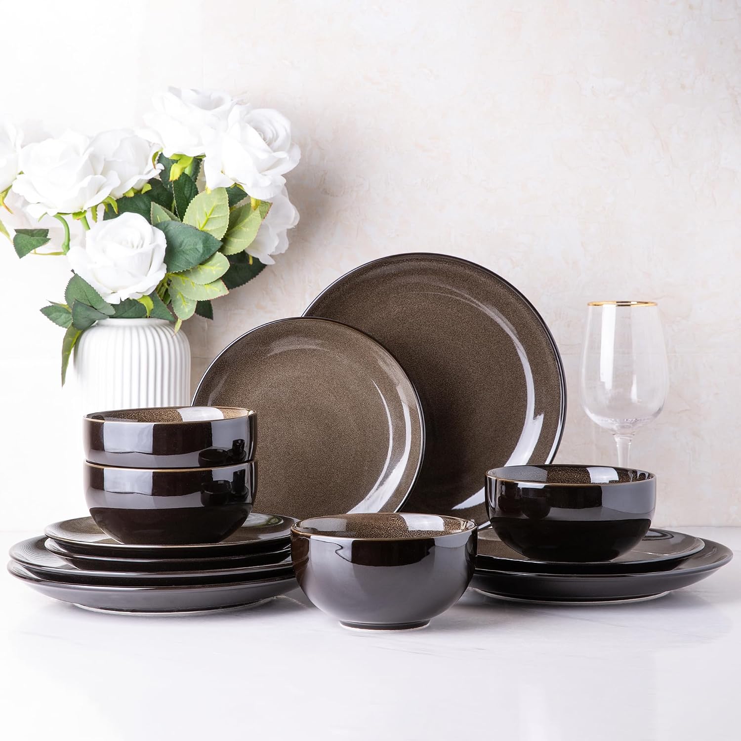 Ceramic Dinnerware Sets for 4,12Pcs Stoneware Plates and Bowls Set | Handmade Reactive Glaze Ceramic Dishes Set,Oven & Microwave,Dishwasher Safe