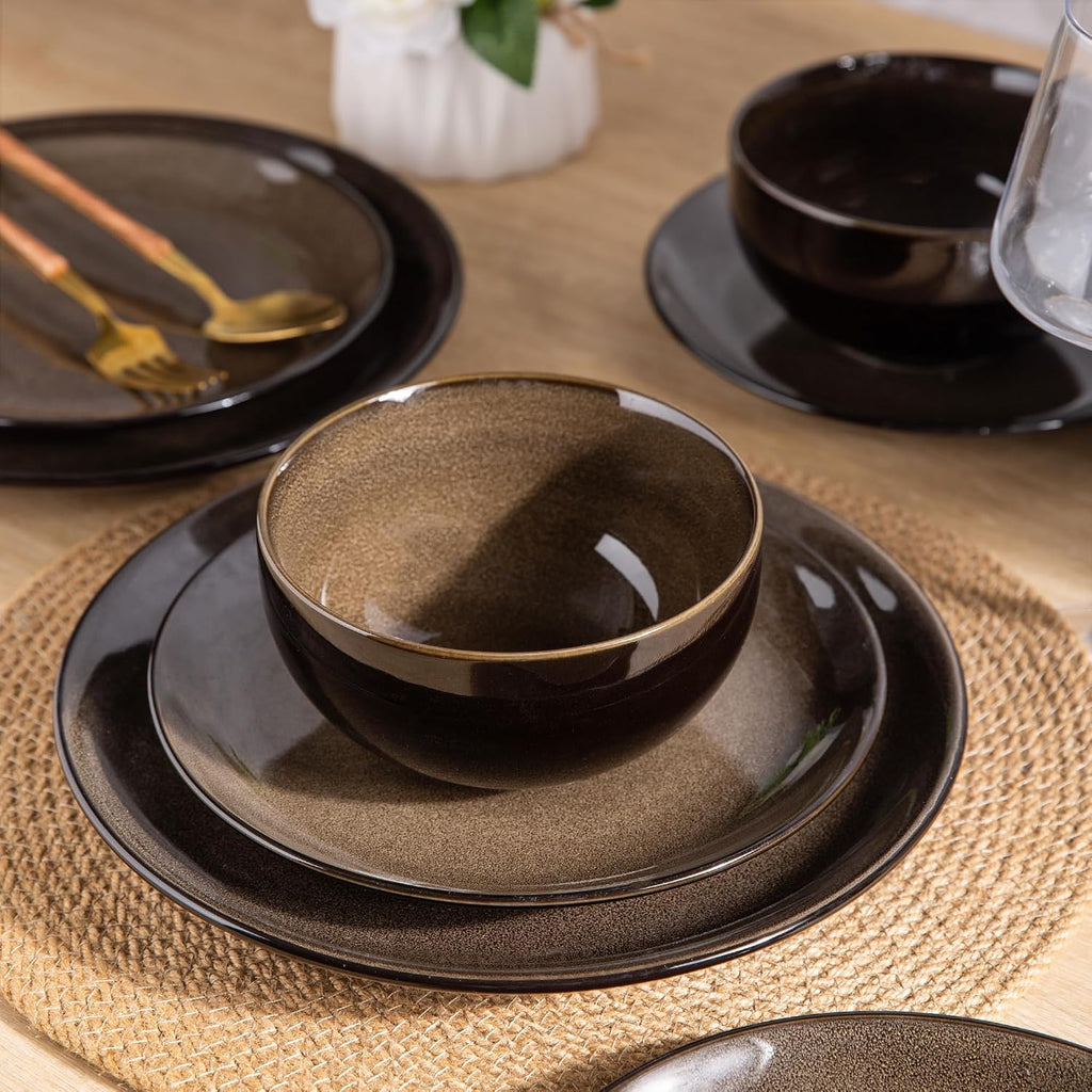 Ceramic Dinnerware Sets for 4,12Pcs Stoneware Plates and Bowls Set | Handmade Reactive Glaze Ceramic Dishes Set,Oven & Microwave,Dishwasher Safe