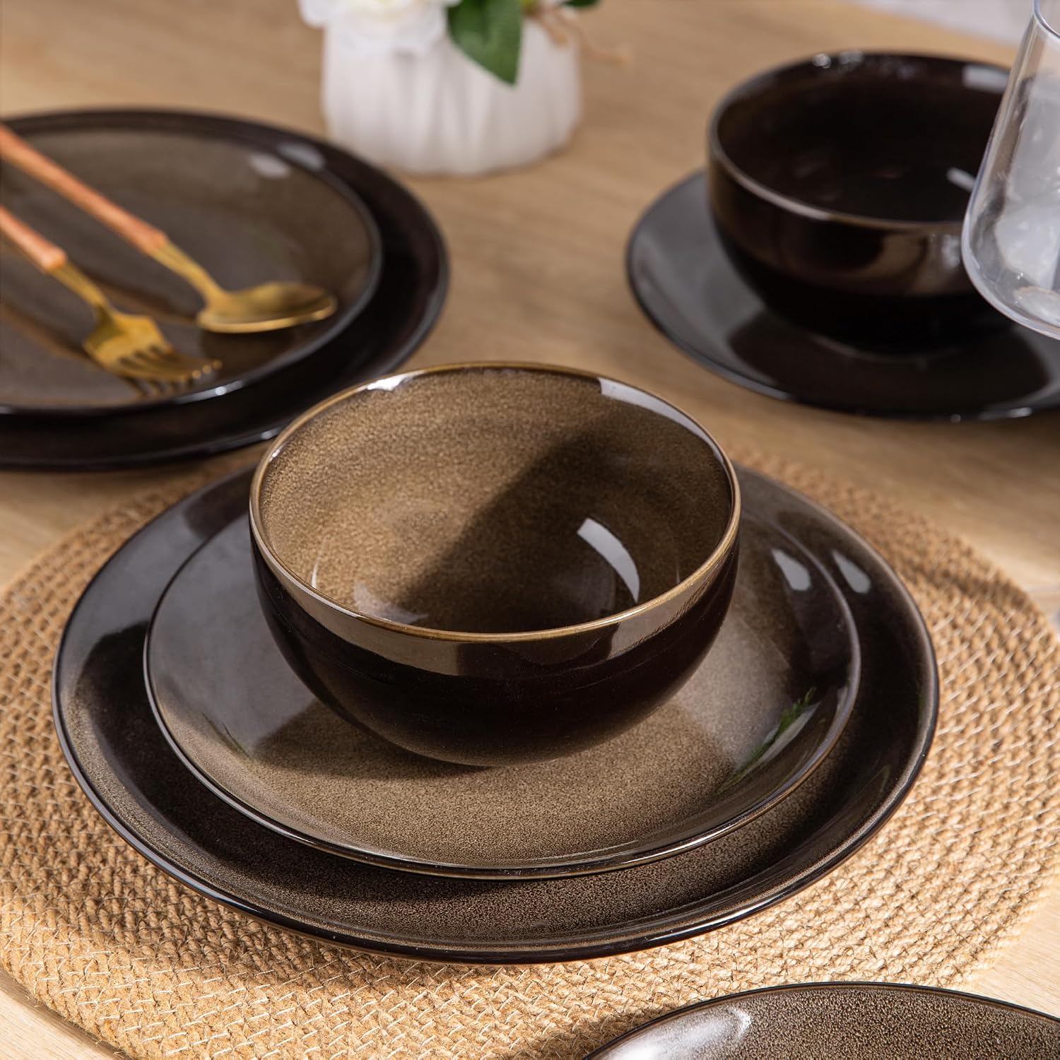 Ceramic Dinnerware Sets for 4,12Pcs Stoneware Plates and Bowls Set | Handmade Reactive Glaze Ceramic Dishes Set,Oven & Microwave,Dishwasher Safe