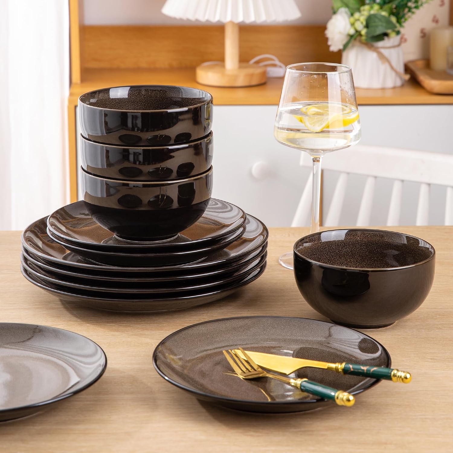 Ceramic Dinnerware Sets for 4,12Pcs Stoneware Plates and Bowls Set | Handmade Reactive Glaze Ceramic Dishes Set,Oven & Microwave,Dishwasher Safe