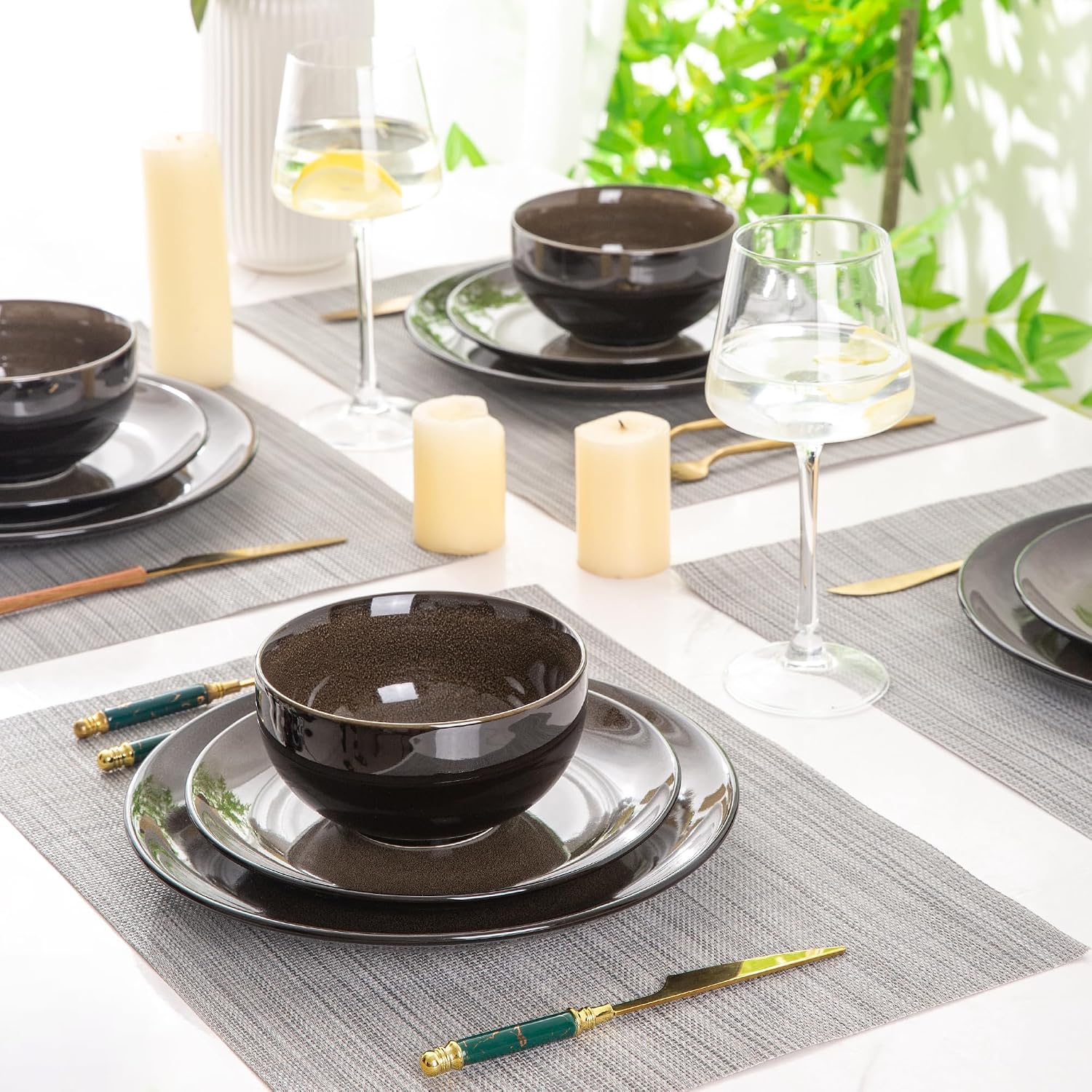 Ceramic Dinnerware Sets for 4,12Pcs Stoneware Plates and Bowls Set | Handmade Reactive Glaze Ceramic Dishes Set,Oven & Microwave,Dishwasher Safe