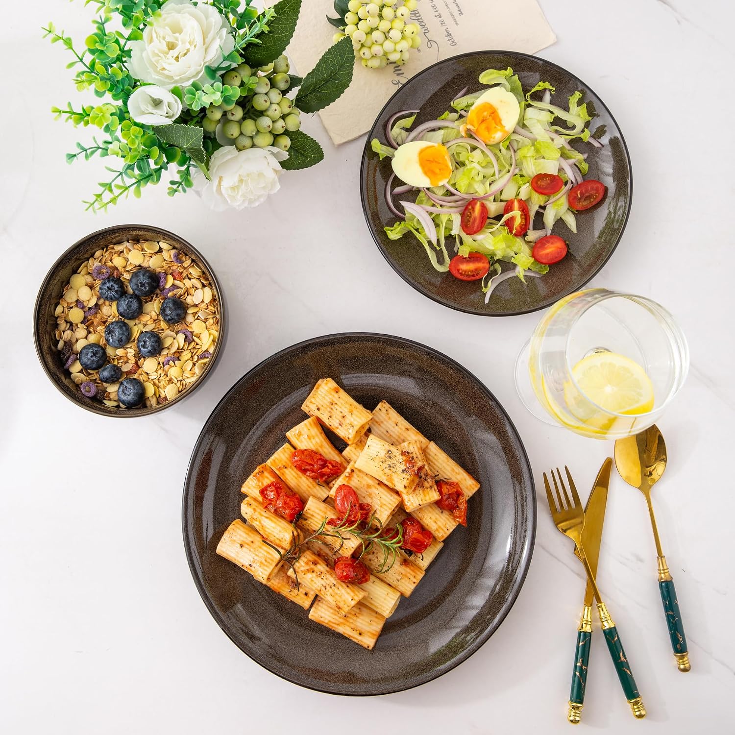 Ceramic Dinnerware Sets for 4,12Pcs Stoneware Plates and Bowls Set | Handmade Reactive Glaze Ceramic Dishes Set,Oven & Microwave,Dishwasher Safe