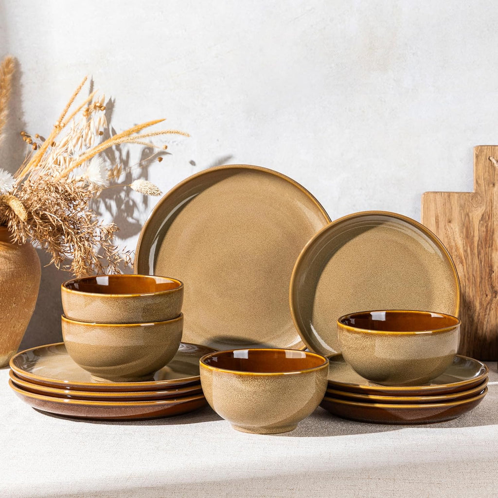 Ceramic Dinnerware Sets for 4,12Pcs Stoneware Plates and Bowls Set | Handmade Reactive Glaze Ceramic Dishes Set,Oven & Microwave,Dishwasher Safe