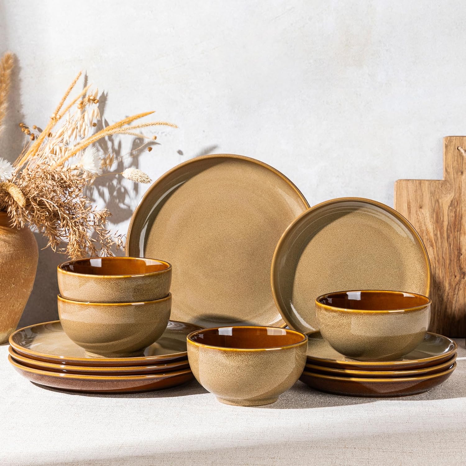 Ceramic Dinnerware Sets for 4,12Pcs Stoneware Plates and Bowls Set | Handmade Reactive Glaze Ceramic Dishes Set,Oven & Microwave,Dishwasher Safe
