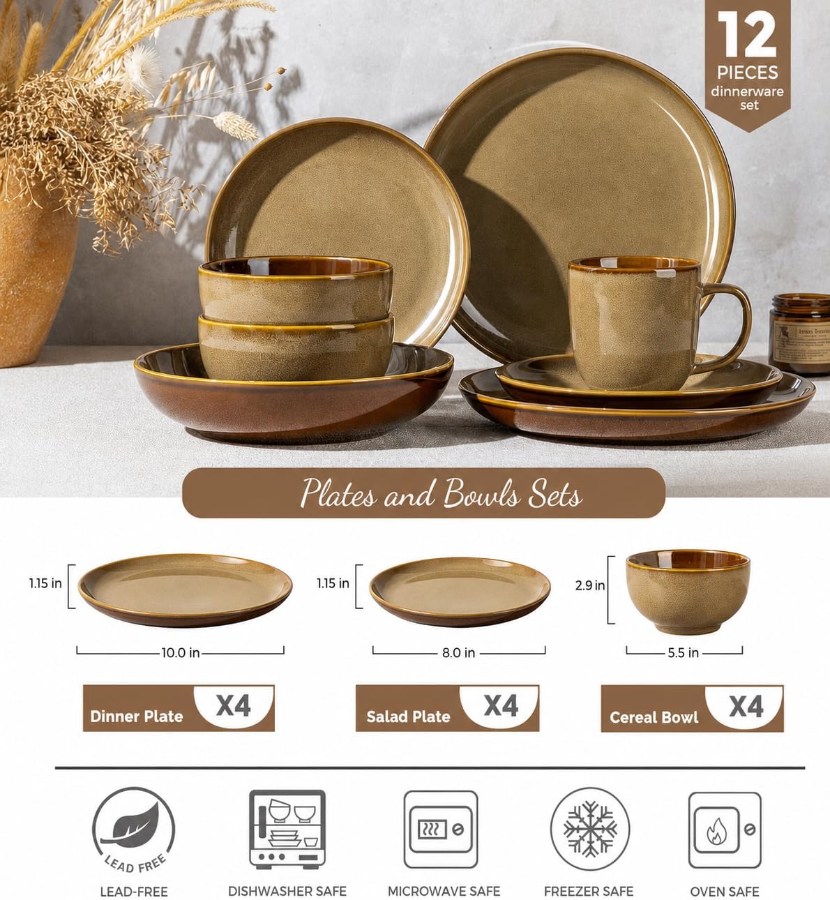 Ceramic Dinnerware Sets for 4,12Pcs Stoneware Plates and Bowls Set | Handmade Reactive Glaze Ceramic Dishes Set,Oven & Microwave,Dishwasher Safe