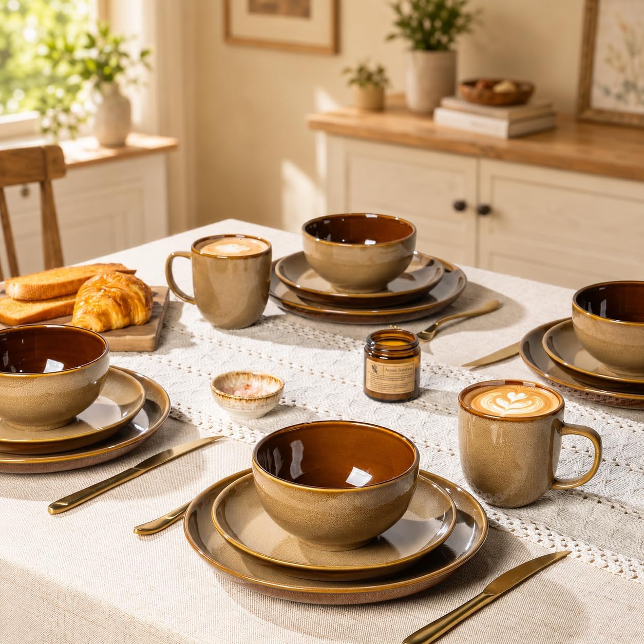 Ceramic Dinnerware Sets for 4,12Pcs Stoneware Plates and Bowls Set | Handmade Reactive Glaze Ceramic Dishes Set,Oven & Microwave,Dishwasher Safe