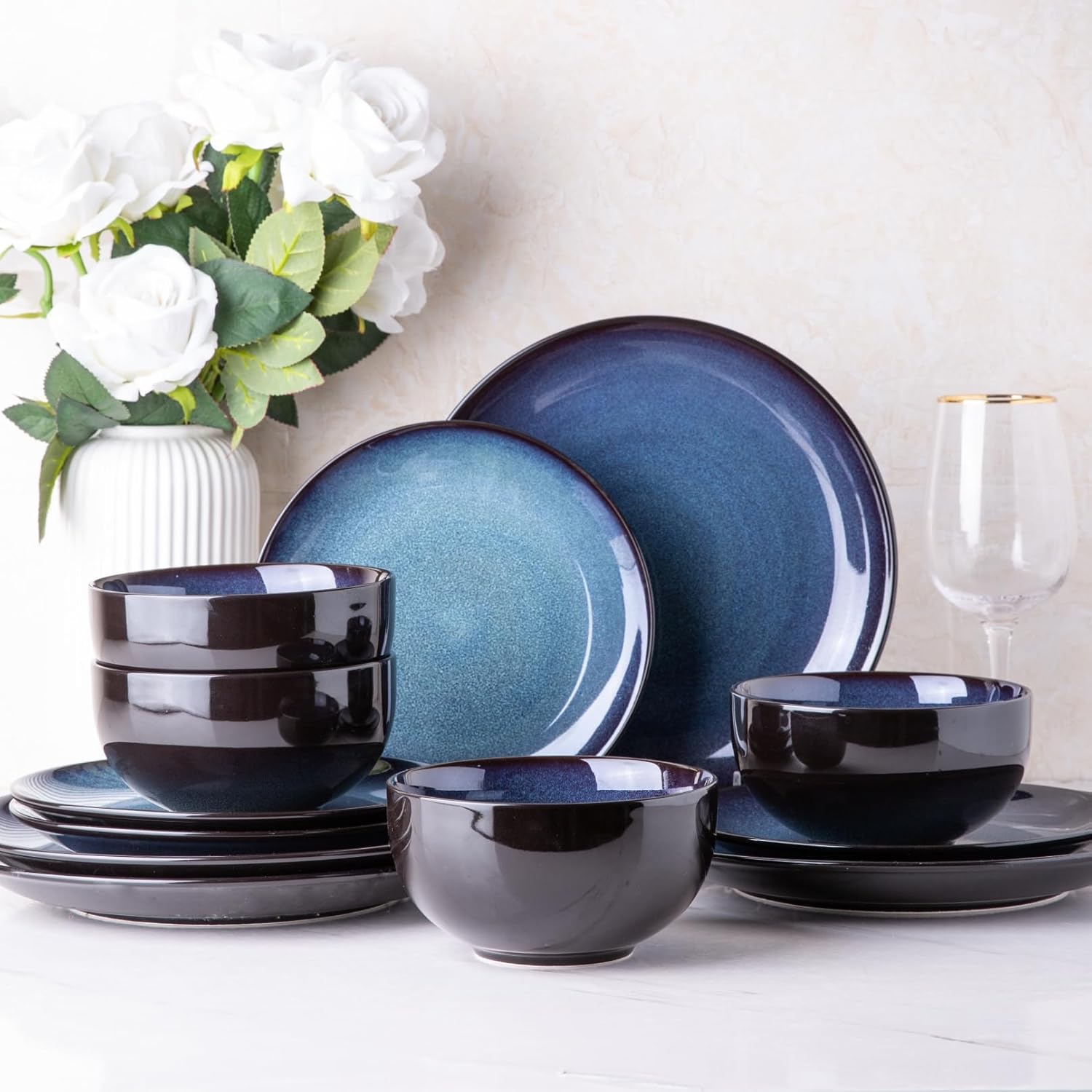 Ceramic Dinnerware Sets for 4,12Pcs Stoneware Plates and Bowls Set | Handmade Reactive Glaze Ceramic Dishes Set,Oven & Microwave,Dishwasher Safe