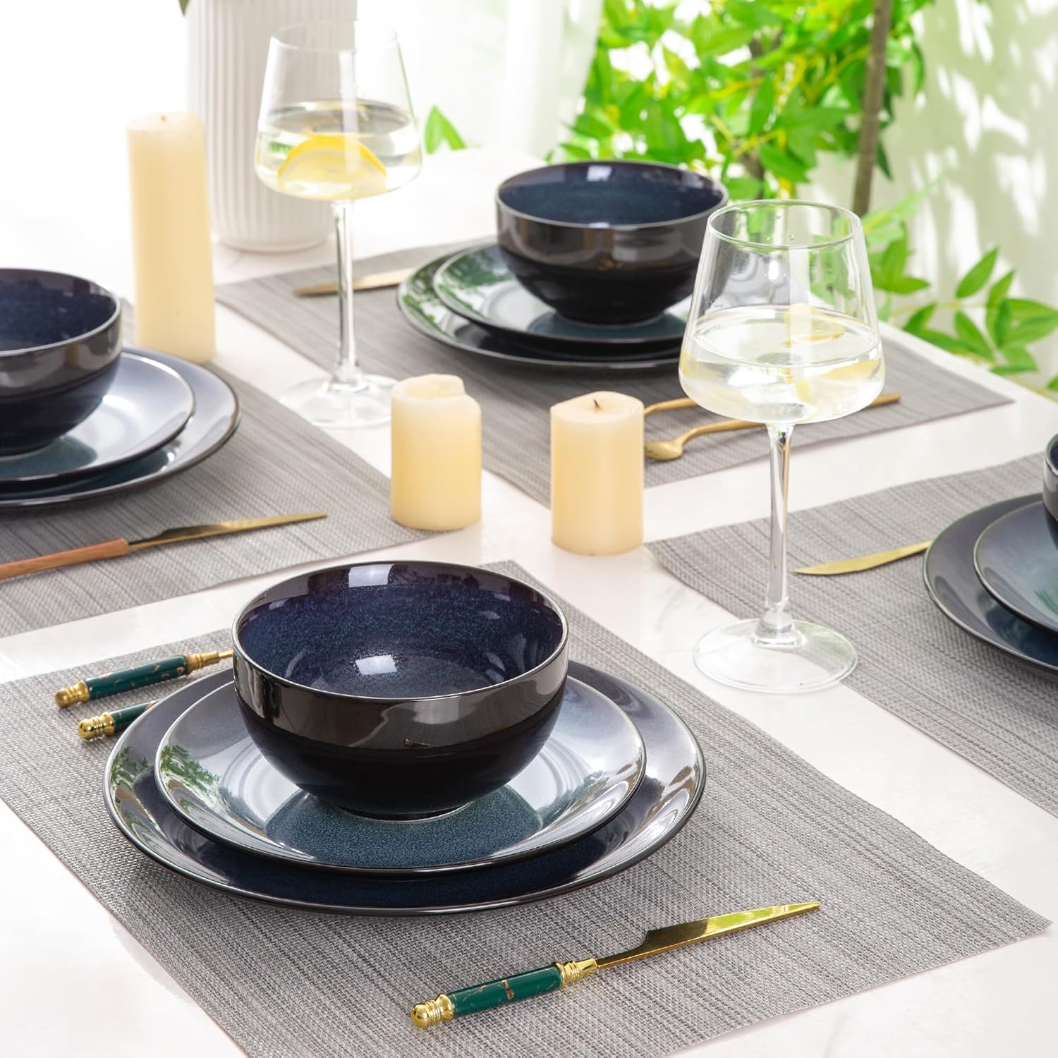 Ceramic Dinnerware Sets for 4,12Pcs Stoneware Plates and Bowls Set | Handmade Reactive Glaze Ceramic Dishes Set,Oven & Microwave,Dishwasher Safe
