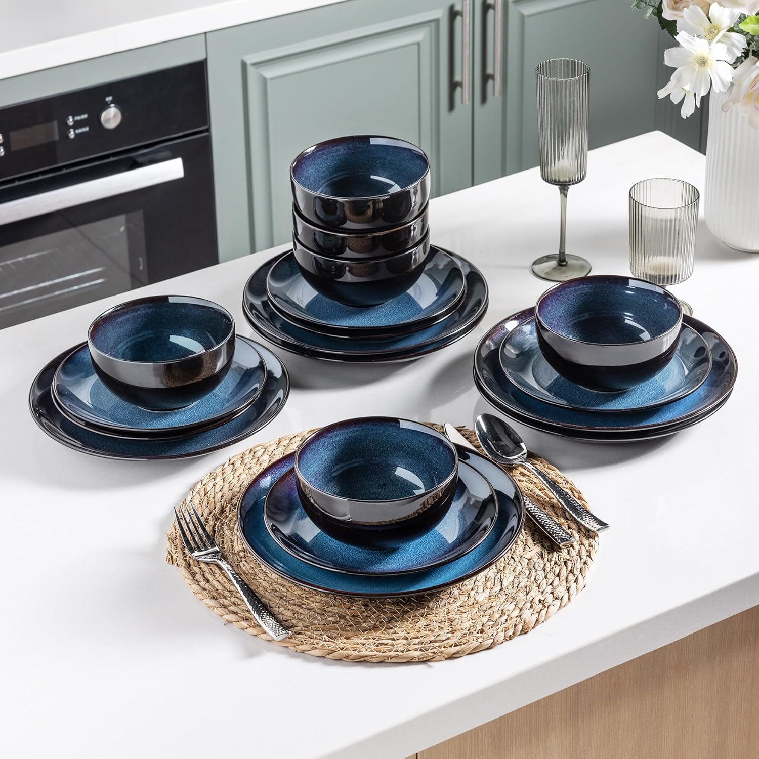 Ceramic Dinnerware Sets for 4,12Pcs Stoneware Plates and Bowls Set | Handmade Reactive Glaze Ceramic Dishes Set,Oven & Microwave,Dishwasher Safe