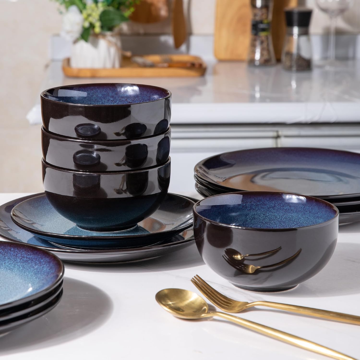 Ceramic Dinnerware Sets for 4,12Pcs Stoneware Plates and Bowls Set | Handmade Reactive Glaze Ceramic Dishes Set,Oven & Microwave,Dishwasher Safe