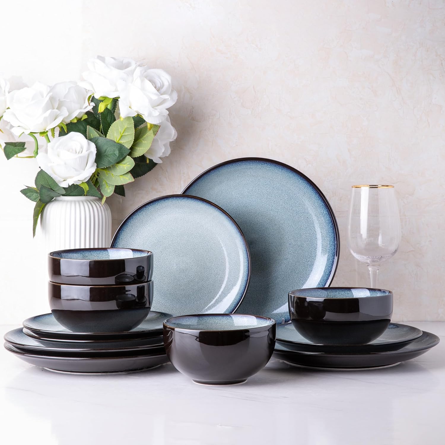 Ceramic Dinnerware Sets for 4,12Pcs Stoneware Plates and Bowls Set | Handmade Reactive Glaze Ceramic Dishes Set,Oven & Microwave,Dishwasher Safe