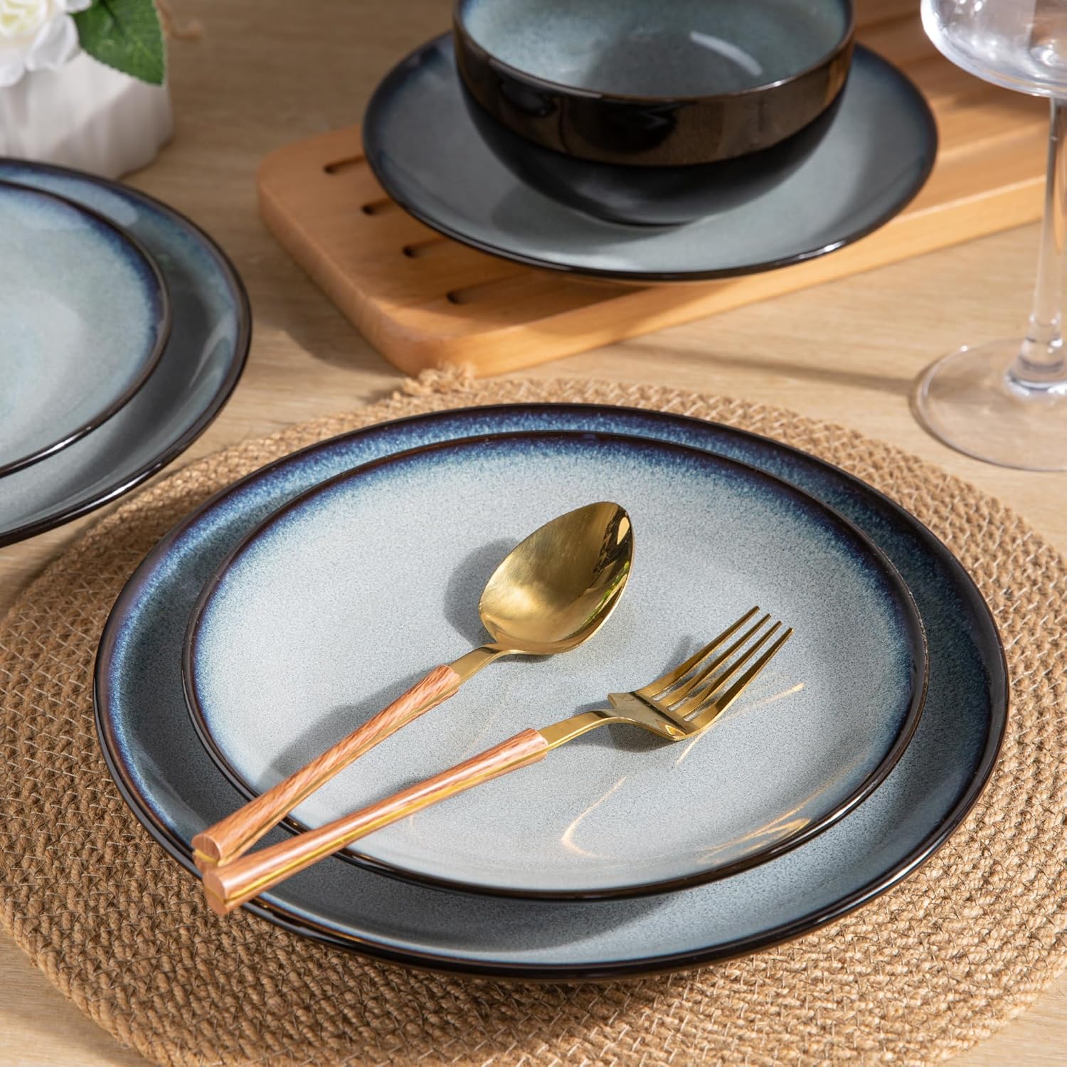 Ceramic Dinnerware Sets for 4,12Pcs Stoneware Plates and Bowls Set | Handmade Reactive Glaze Ceramic Dishes Set,Oven & Microwave,Dishwasher Safe