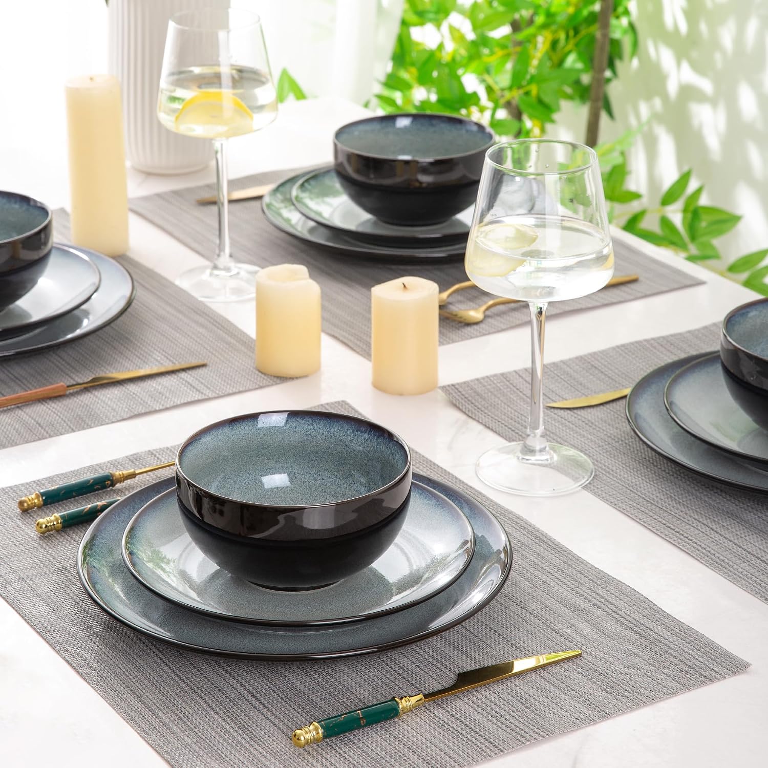 Ceramic Dinnerware Sets for 4,12Pcs Stoneware Plates and Bowls Set | Handmade Reactive Glaze Ceramic Dishes Set,Oven & Microwave,Dishwasher Safe