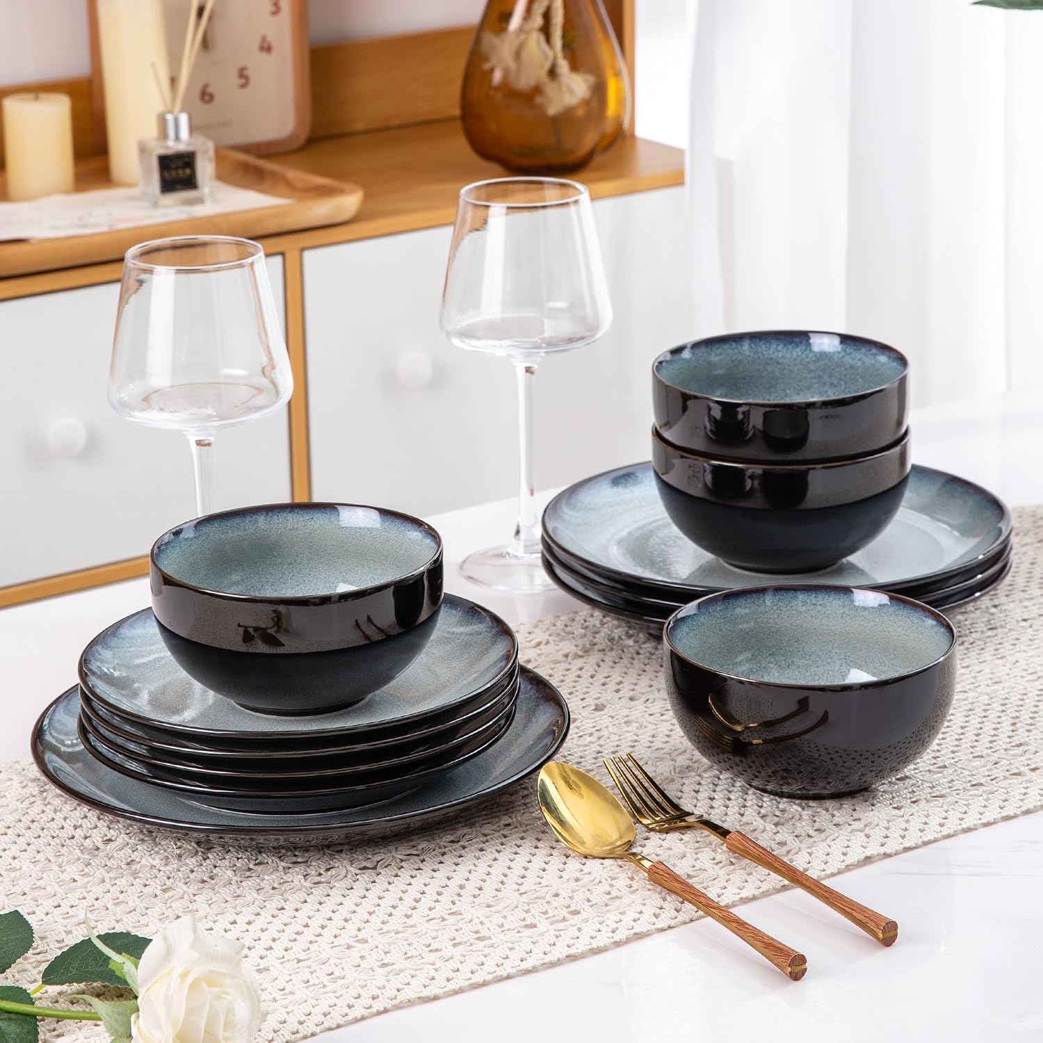 Ceramic Dinnerware Sets for 4,12Pcs Stoneware Plates and Bowls Set | Handmade Reactive Glaze Ceramic Dishes Set,Oven & Microwave,Dishwasher Safe