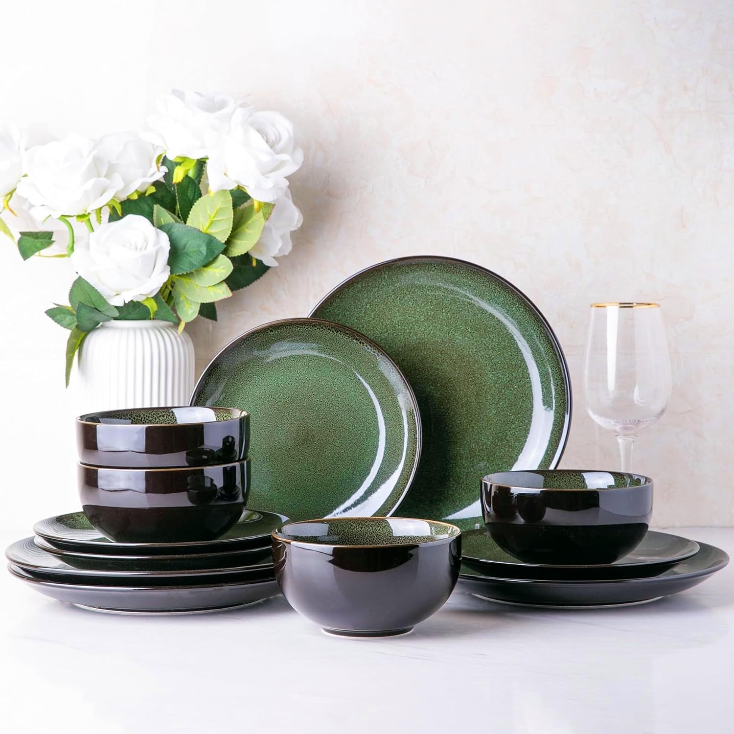 Ceramic Dinnerware Sets for 4,12Pcs Stoneware Plates and Bowls Set | Handmade Reactive Glaze Ceramic Dishes Set,Oven & Microwave,Dishwasher Safe