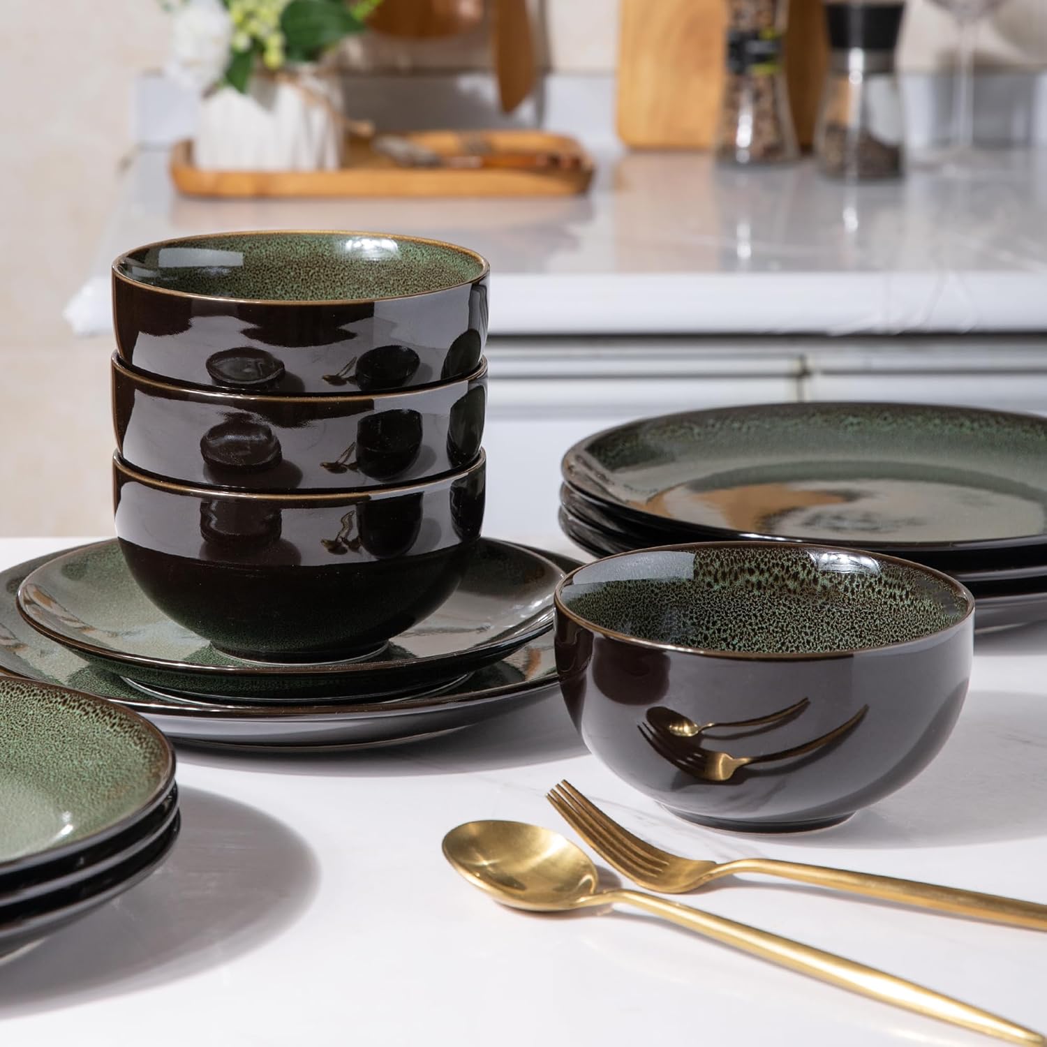 Ceramic Dinnerware Sets for 4,12Pcs Stoneware Plates and Bowls Set | Handmade Reactive Glaze Ceramic Dishes Set,Oven & Microwave,Dishwasher Safe