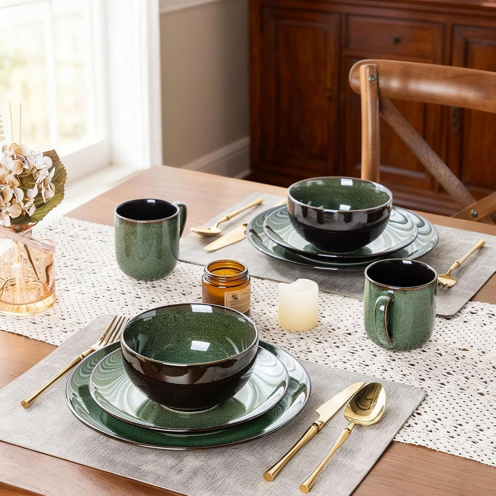 Ceramic Dinnerware Sets for 4,12Pcs Stoneware Plates and Bowls Set | Handmade Reactive Glaze Ceramic Dishes Set,Oven & Microwave,Dishwasher Safe