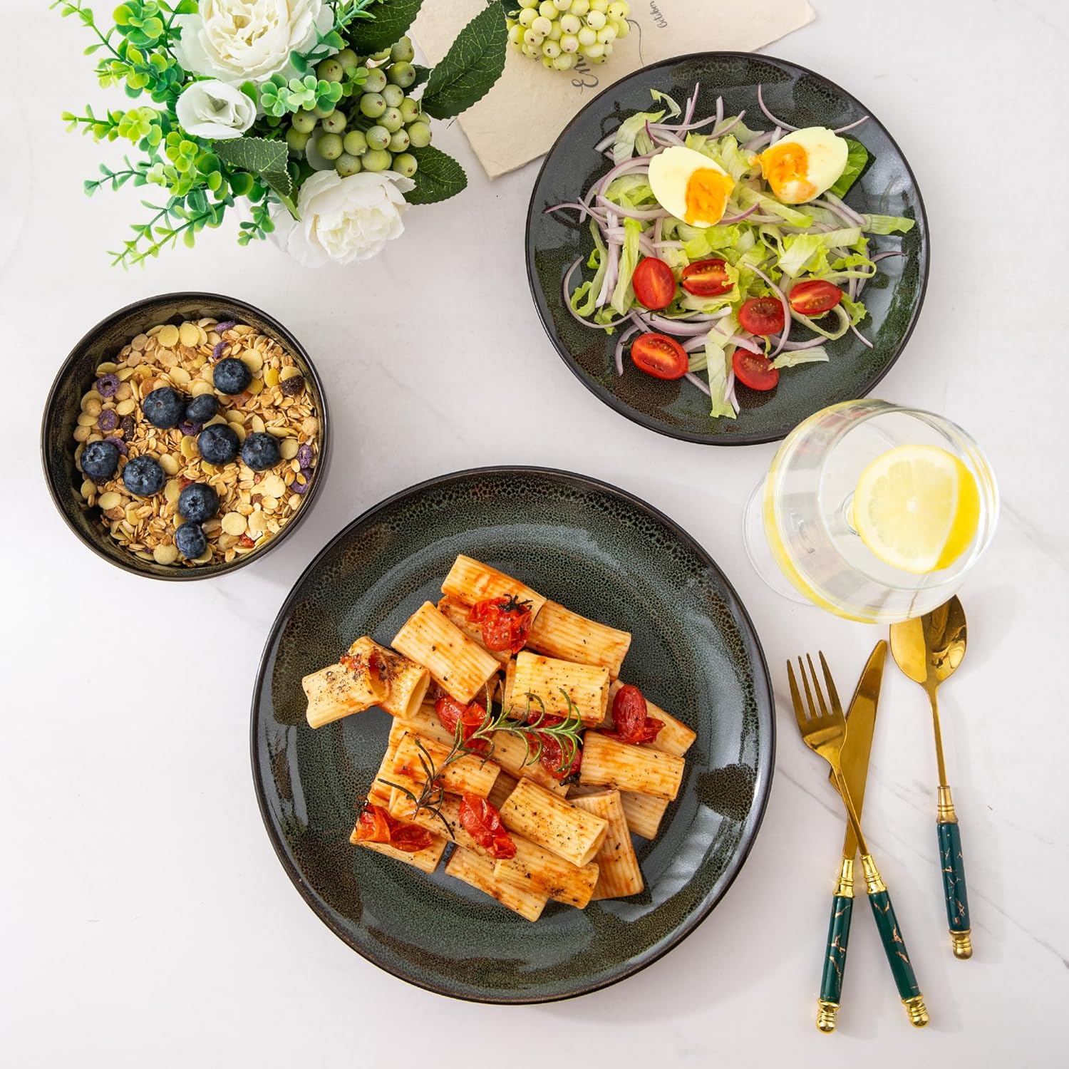 Ceramic Dinnerware Sets for 4,12Pcs Stoneware Plates and Bowls Set | Handmade Reactive Glaze Ceramic Dishes Set,Oven & Microwave,Dishwasher Safe