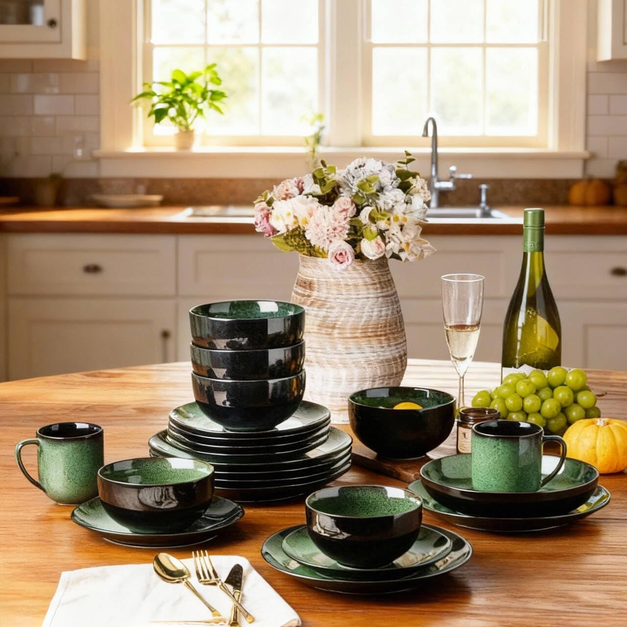 Ceramic Dinnerware Sets for 4,12Pcs Stoneware Plates and Bowls Set | Handmade Reactive Glaze Ceramic Dishes Set,Oven & Microwave,Dishwasher Safe