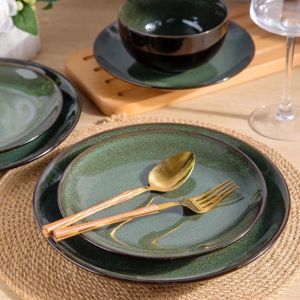 Ceramic Dinnerware Sets for 4,12Pcs Stoneware Plates and Bowls Set | Handmade Reactive Glaze Ceramic Dishes Set,Oven & Microwave,Dishwasher Safe