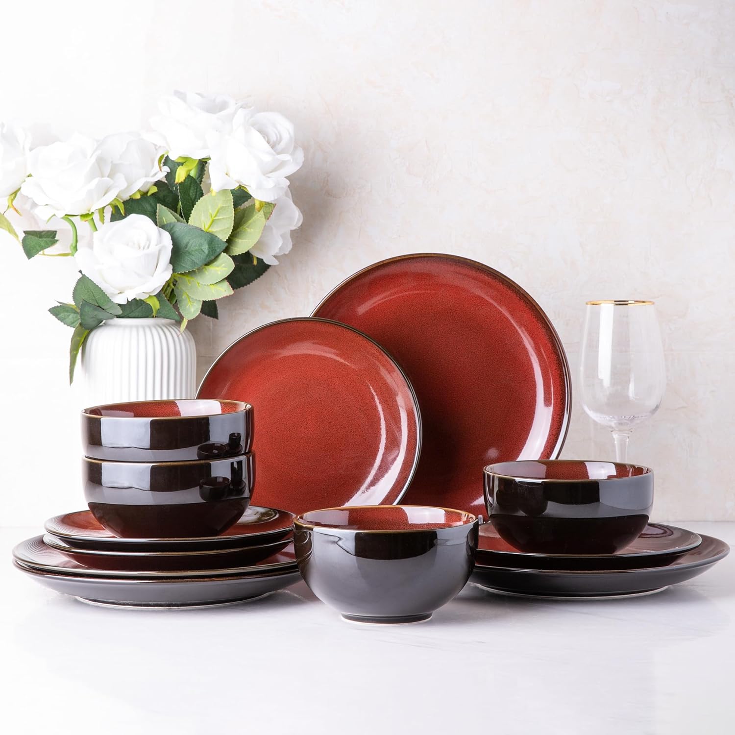 Ceramic Dinnerware Sets for 4,12Pcs Stoneware Plates and Bowls Set | Handmade Reactive Glaze Ceramic Dishes Set,Oven & Microwave,Dishwasher Safe