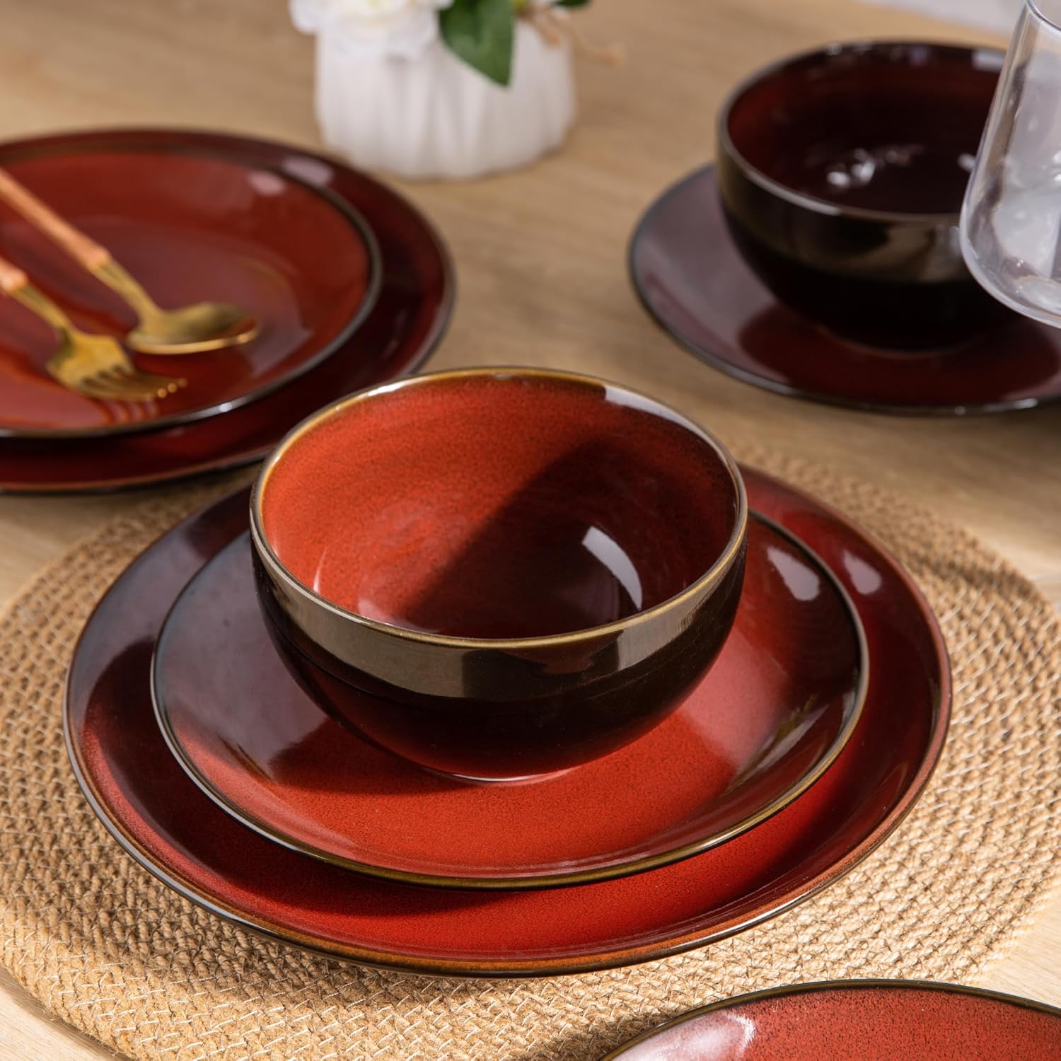 Ceramic Dinnerware Sets for 4,12Pcs Stoneware Plates and Bowls Set | Handmade Reactive Glaze Ceramic Dishes Set,Oven & Microwave,Dishwasher Safe