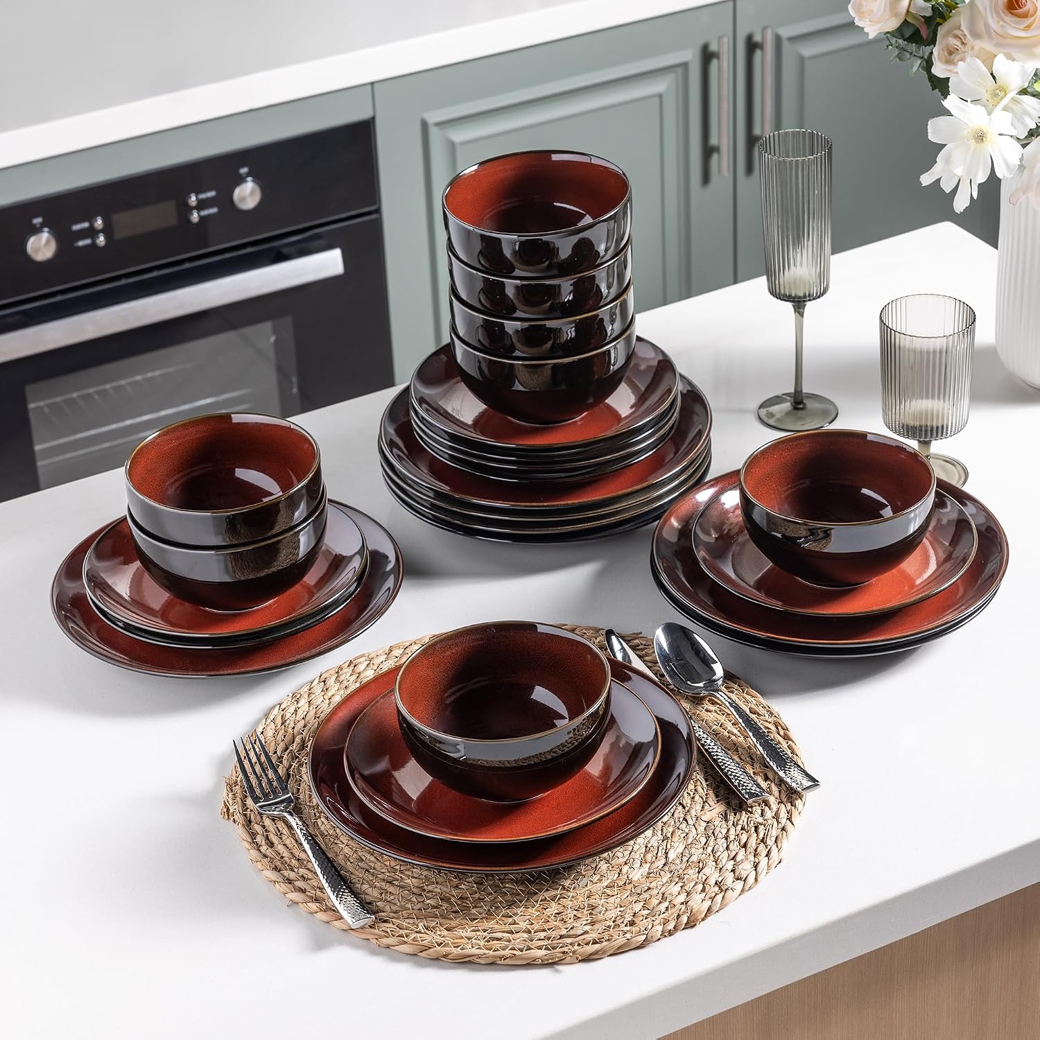Ceramic Dinnerware Sets for 4,12Pcs Stoneware Plates and Bowls Set | Handmade Reactive Glaze Ceramic Dishes Set,Oven & Microwave,Dishwasher Safe