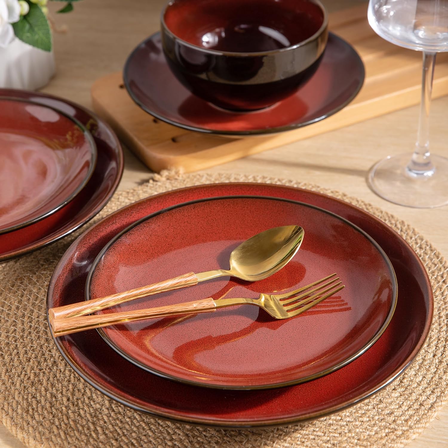 Ceramic Dinnerware Sets for 4,12Pcs Stoneware Plates and Bowls Set | Handmade Reactive Glaze Ceramic Dishes Set,Oven & Microwave,Dishwasher Safe